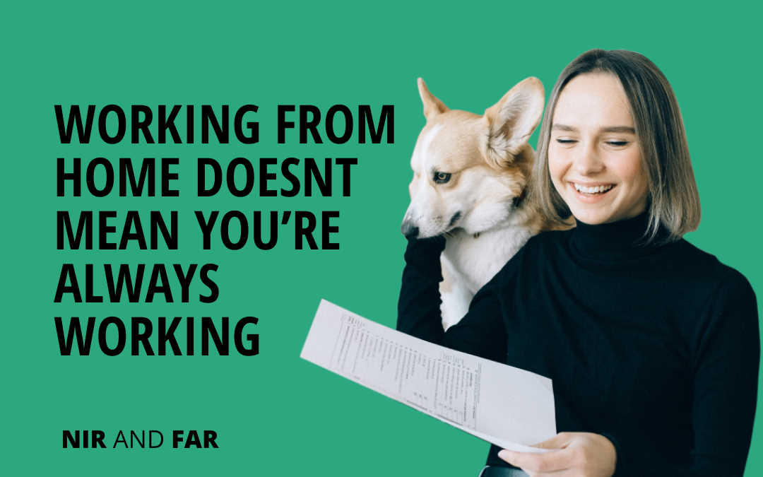 Woman working from home with dog over shoulder