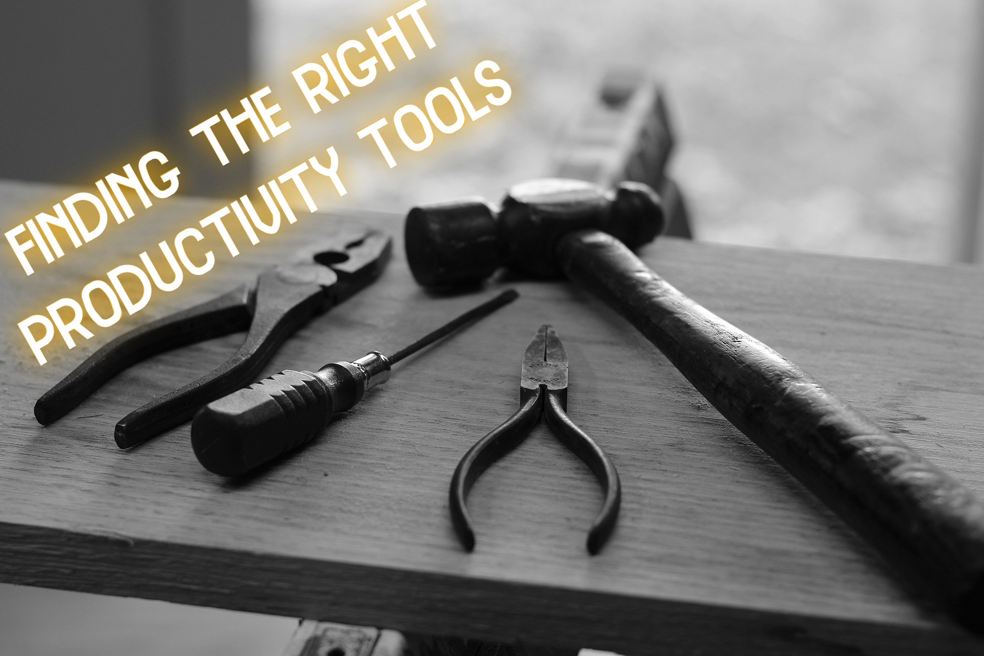 Array of wooden hand tools analogous to a search for productivity apps.